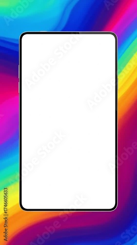 This vibrant motion graphic features a modern, generic smartphone with a pristine white blank screen, ideal for customizable content display. The sleek, borderless device is set against a dynamic, flo