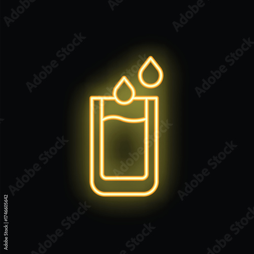 Neon yellow icon of a glass of water being filled with water drops on black background