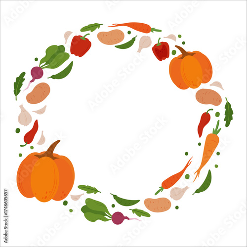 Oval frame of simple flat vegetables. Colorful autumn harvest of pumpkin zucchini eggplant cucumber pepper onion potato tomato cabbage corn carrot for healthy and vegetarian food design