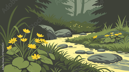 A Forest Creek Scene with Yellow Flowers.