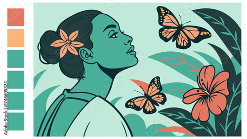 Girl and Butterflies in a Tropical Setting.