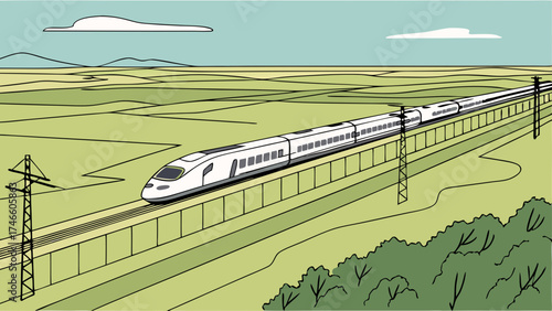 A High-Speed Train Across a Scenic Landscape.