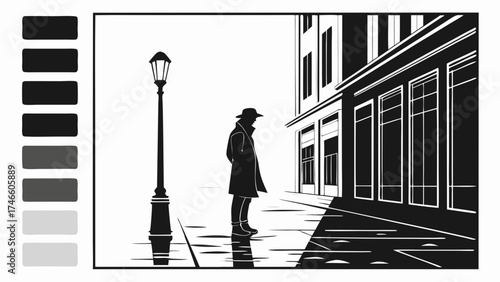 A lone figure in a shadowy city alley with a street lamp in the rain.