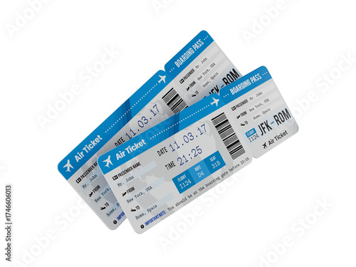 Pair of Airplane Tickets or Boarding passes on a transparent background.