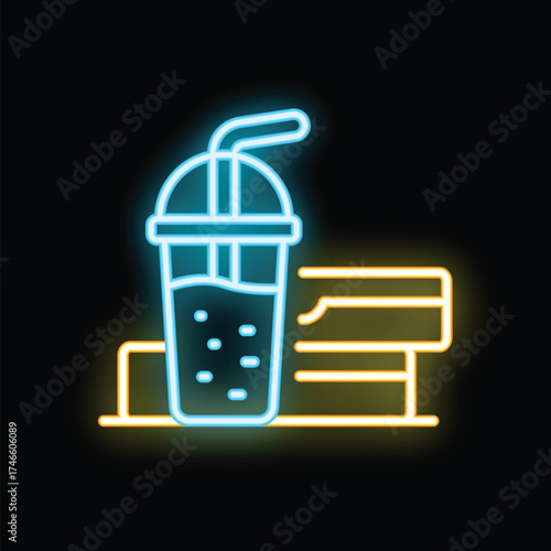 Neon sign showing a soda with ice cubes and a straw next to a credit card, illustrating cashless payment