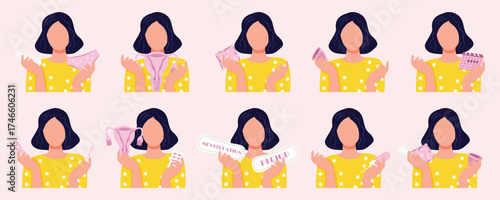 A set of vector illustrations of the menstrual cycle with a woman, feminine hygiene products, and symbols of women's health — sanitary pads, tampon, menstrual cup, uterus, panties, painkillers