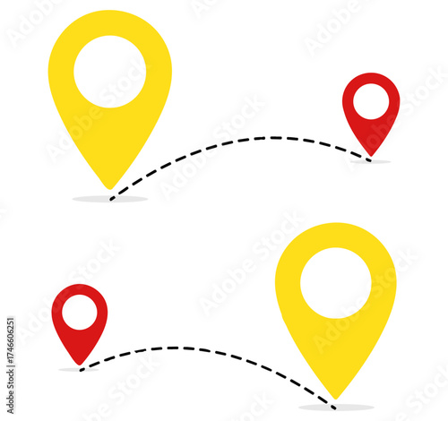 Travel Route Marker Icon – Stylized Location Pins with Dashed Arcs for Navigation, Movement, and Mapping