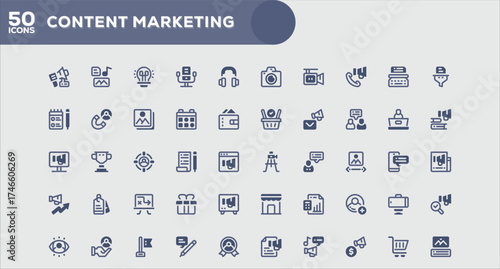 Content Marketing Essential Outline Icons Set for Infographic and Corporate Design