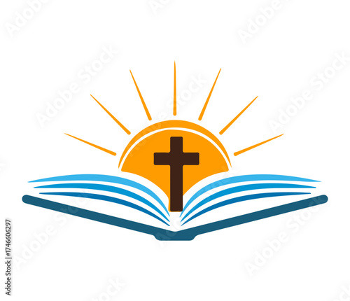 Faith and Learning Icon – Stylized Book, Sun, and Cross Symbol for Religious Education and Spiritual Growth