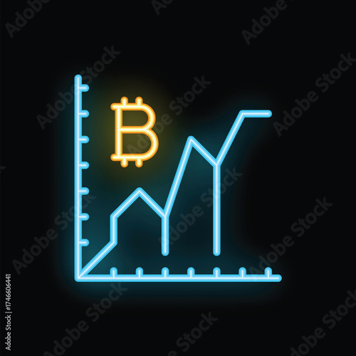Neon blue graph with an orange bitcoin symbol is growing steadily