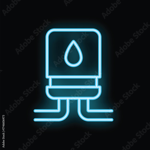Bright blue neon icon of a water heater glowing on a black background