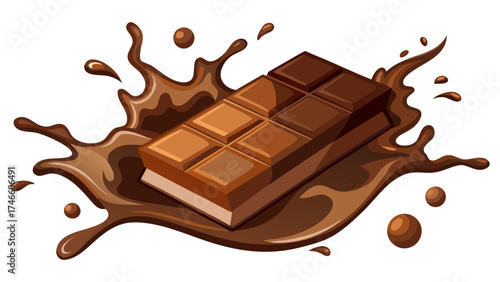 Chocolate bar splashing into liquid chocolate with droplets