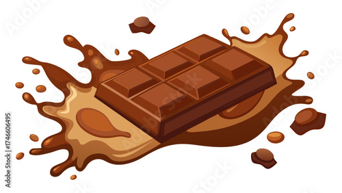 Delicious chocolate bar splashing into liquid chocolate with pieces flying