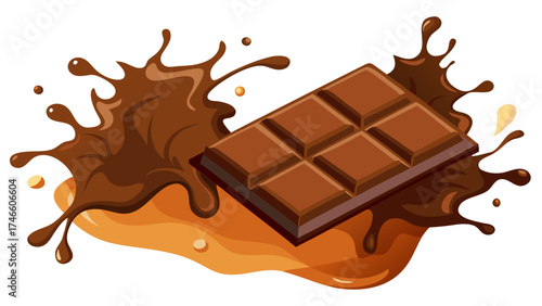 Delicious chocolate bar splashing in melted chocolate and caramel