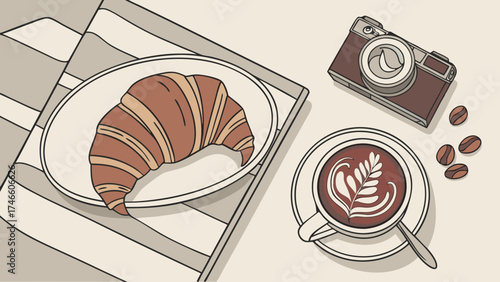A stylized illustration of a breakfast table with coffee and pastry.