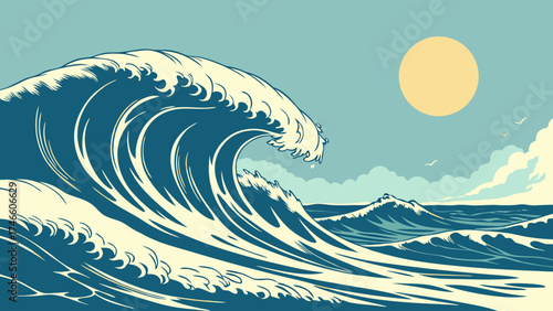 Illustration of a large ocean wave and sun against a blue sky.