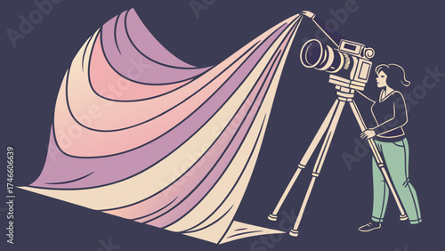 A stylized illustration of a filmmaker capturing a pride flag.