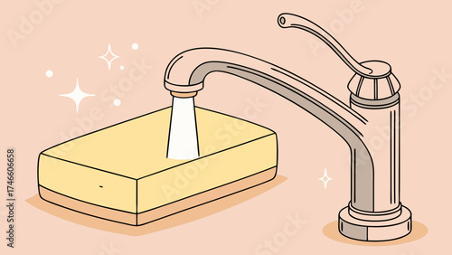 A stylized illustration of water flowing from a faucet onto a cleaning sponge.