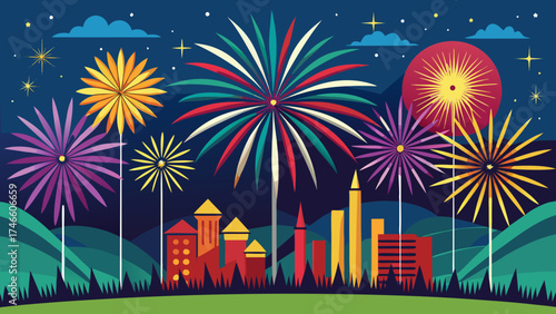 Colorful fireworks display over city skyline at night