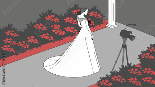 Illustration of a person in a long dress near a camera setup.