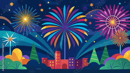 Colorful fireworks explode over a stylized city skyline at night