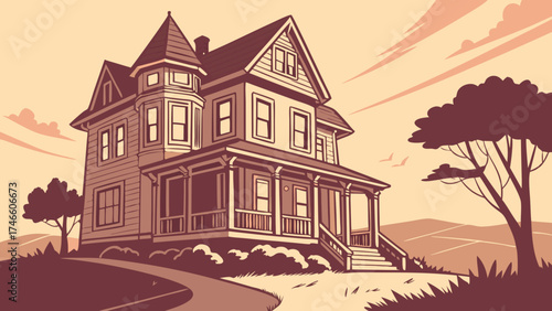 Illustration of a Victorian House and Landscape.
