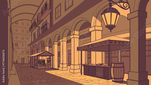 Illustration of a sunlit alleyway with arches and stalls.