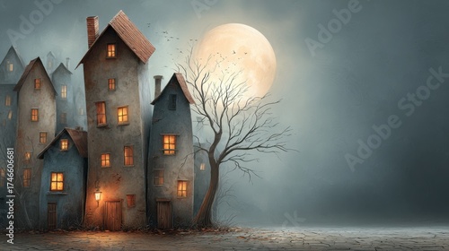Spooky moonlit street with crooked houses and bare tree