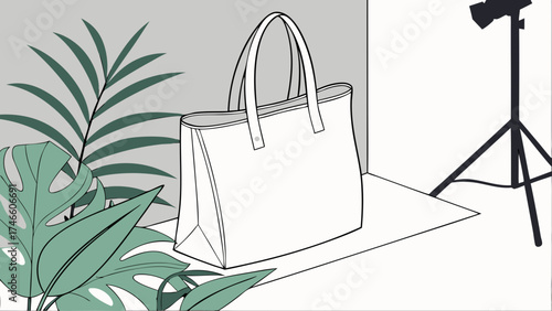 A White Tote Bag in a Studio Setting with Tropical Plants.