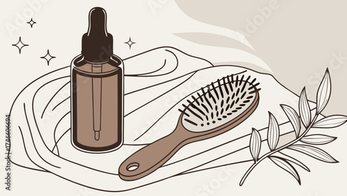 Illustration of beauty and self-care featuring hair oil bottle and brush.