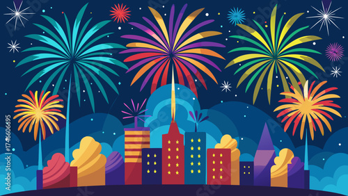 Colorful fireworks exploding over a stylized cityscape at night