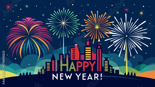 Happy new year celebration with fireworks over city skyline
