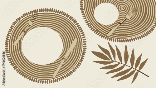 Abstract Table Setting with Plates Cutlery and Leaf Design - Minimalist Brown and Beige Illustration.