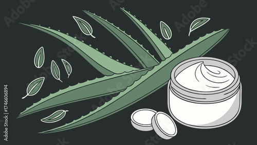 Aloe Vera Cream Jar with Leaves Illustration Natural Cosmetics Design Skincare Product Herbal Remedy Green Plant Organic Beauty Health and Wellness Vector Graphic Flat Design Minimalist.