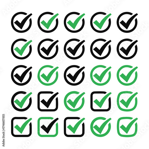 Minimal checklist and tick mark icons set for tasks, approvals, and success validation in vector design