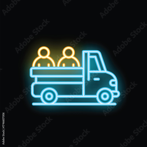 Glowing neon icon of a pickup truck carrying people, representing concepts like transportation, travel, and rural life