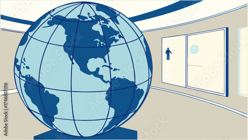 Large Globe in Modern Interior Global Business Concept World Map Illustration.