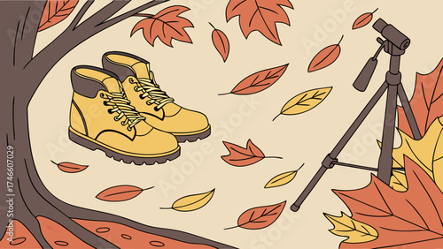 Autumn Adventure Illustration Boots Leaves and Camera Stand.