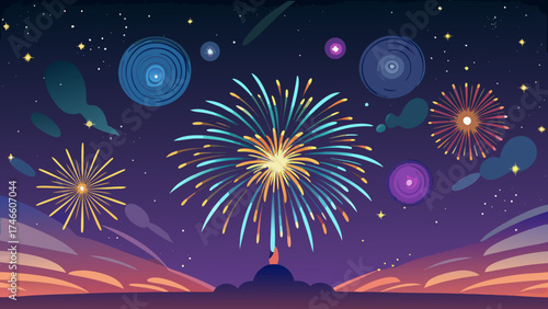 Vibrant fireworks illuminate the night sky above a silhouetted landscape