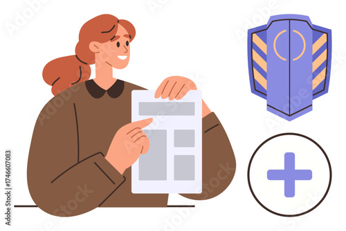 Woman holding and pointing at a document, shield symbol, and medical cross. Ideal for healthcare, safety, policy review, insurance, medical documentation protection professional evaluation. Simple