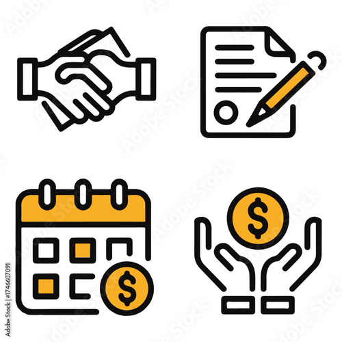 Corporate handshake and contract icons for business partnership, deal, and investment concept
