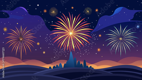 Vibrant fireworks display over stylized hills and cityscape at night