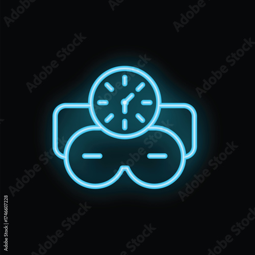 Blue neon icon of a sleep mask and a clock representing sleep time, isolated on a black background