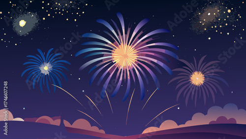 Vibrant fireworks display lighting up the night sky over a landscape