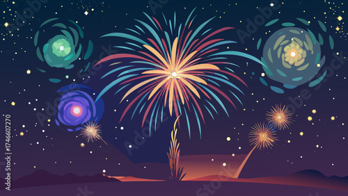 Colorful fireworks exploding in the night sky over a dark landscape