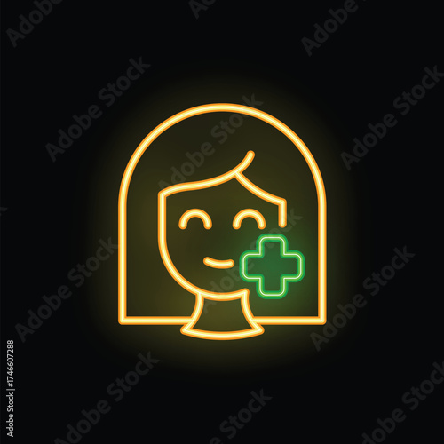 Neon sign depicting a woman smiling with a green medical cross, conveying concepts of health, beauty, and wellness