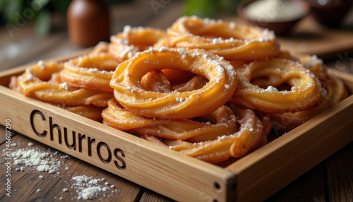 Freshly made churros served in wooden tray with sugar sprinkle  