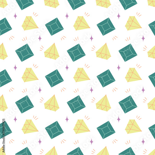 Seamless Pattern with Yellow and Green Gemstones in Minimal Cartoon Style