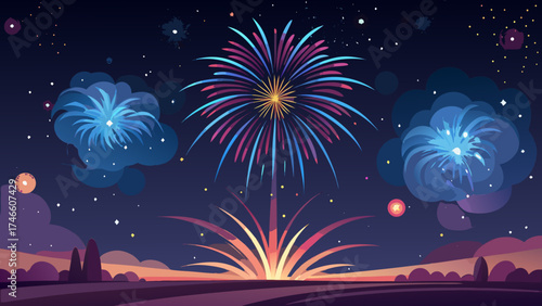 Vibrant fireworks explode in the night sky over a stylized landscape