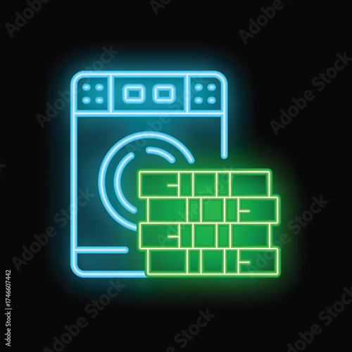 Neon icon of a washing machine with a stack of banknotes depicting money laundering concept